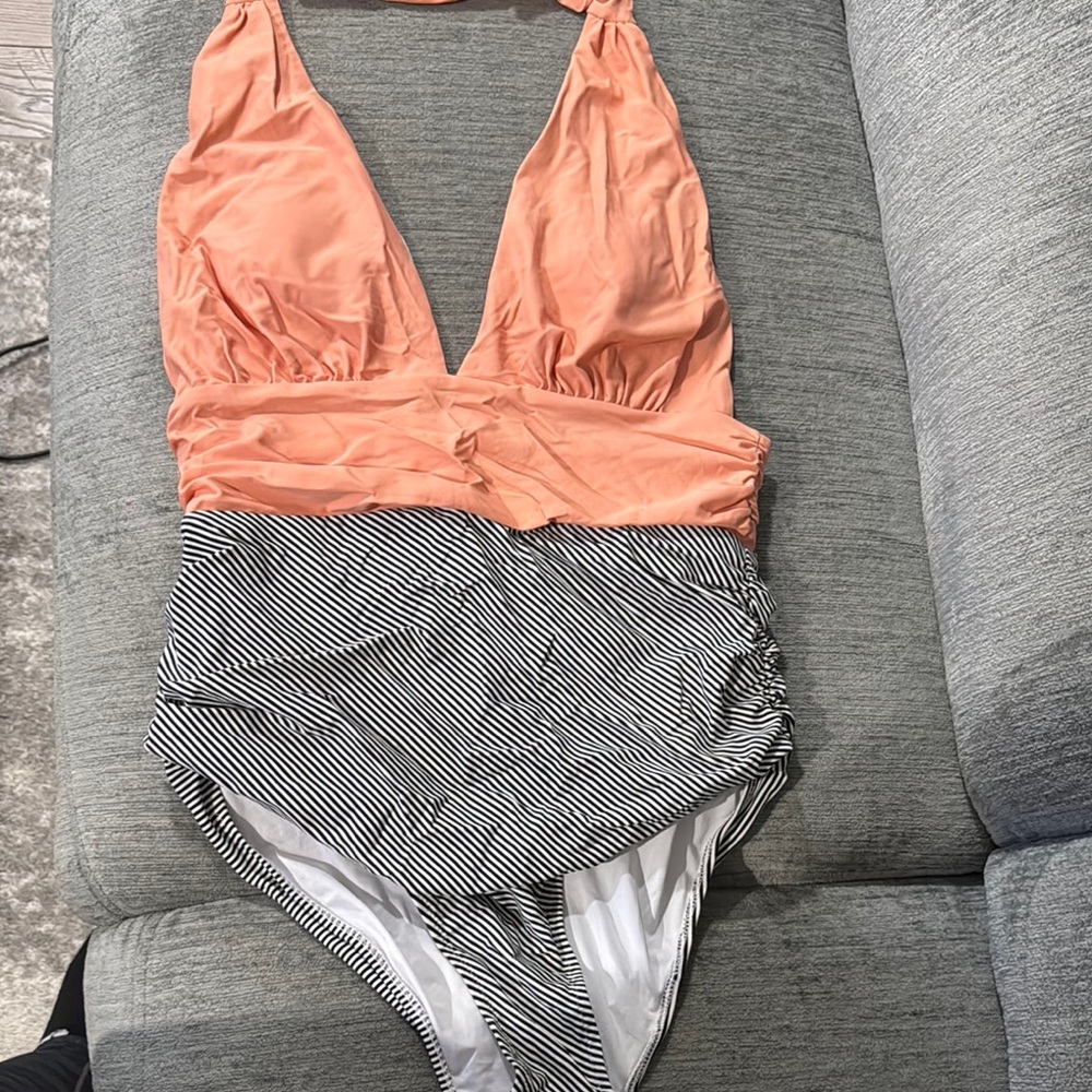 Peach and Black Striped Kids One Piece Swimsuit
